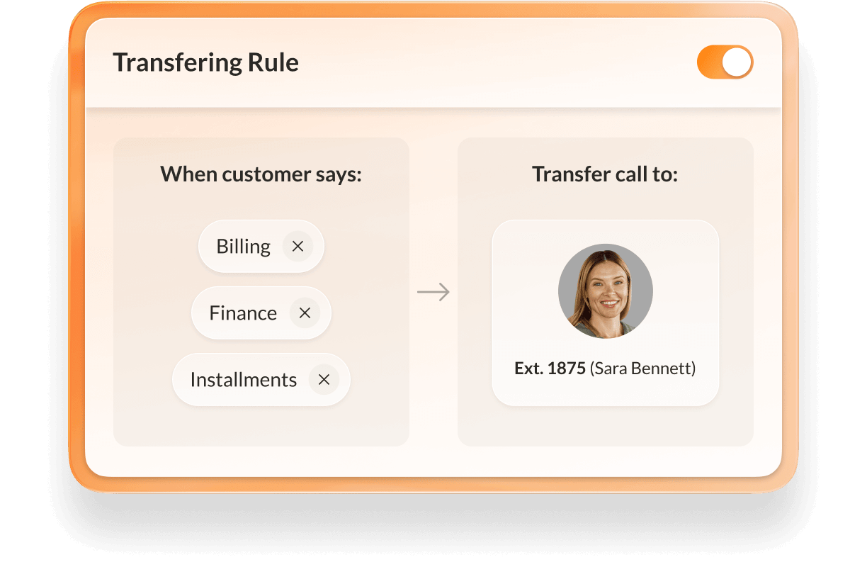 Dashboard interface for setting up a transfer rule in the AI Receptionist system.