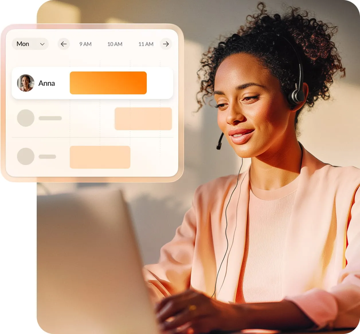 Customer service agent wearing a headset smiling while working on a laptop, with an overlaid graphic showing a scheduling or availability interface for booking with a customer.