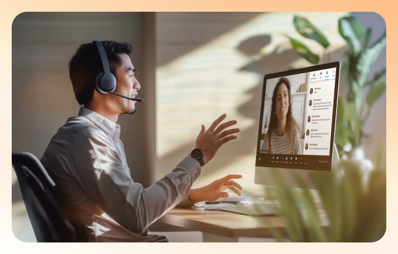 A man in a headphone is speaking with another guest speaker from home via RingCentral Events