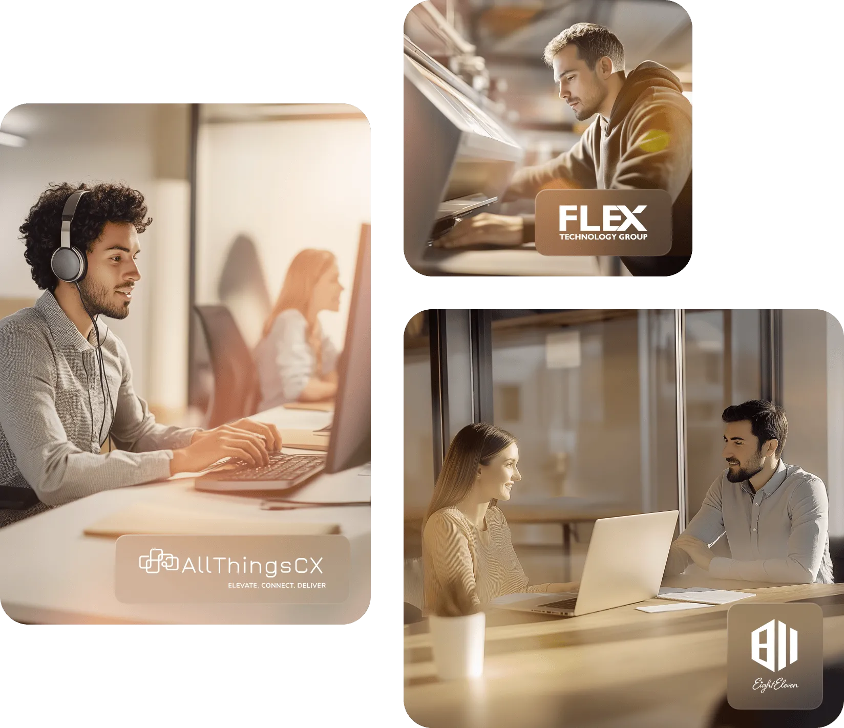 Image 1: A woman is using the ATM machine Image 2: A man in a grey suit reviews financial documetns Image 3: Two professionals with laptops are engaged in a discussion