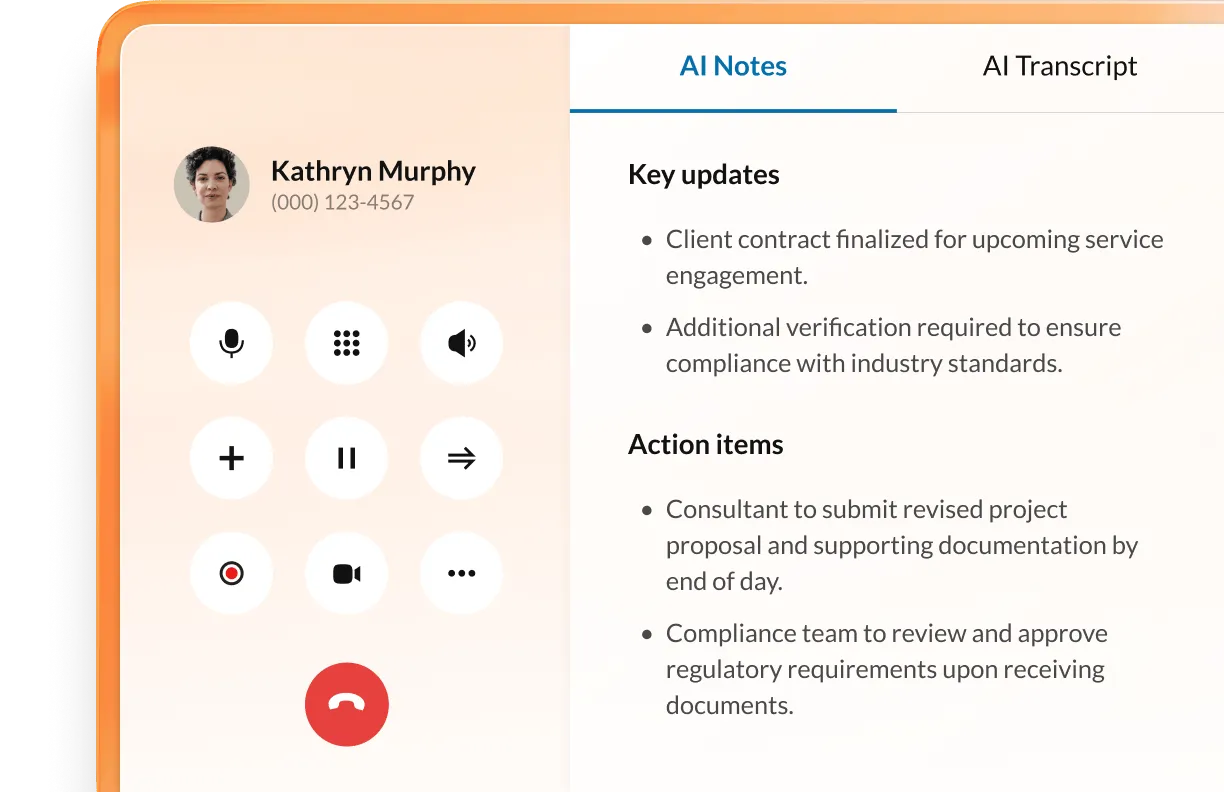 User interface showing AI Notes & AI Transcript capabilities