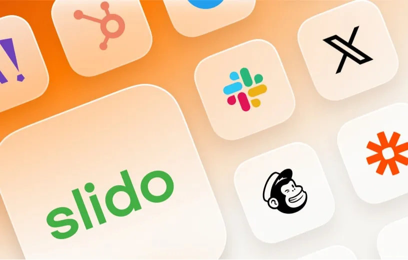 Selection of available app integrations, including Slido, X, MailChimp, HubSpot, Slack, and Zapier