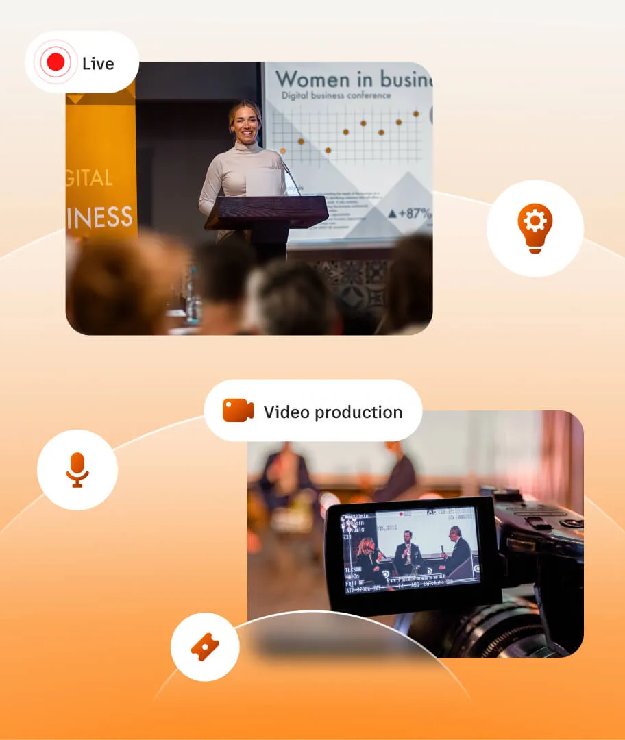 An in-person event with guest speakers being recorded and broadcasted live