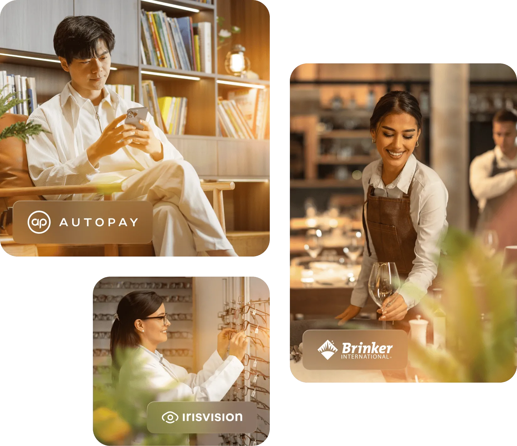 image 1: a man using his mobile phone for online transactions image 2: a waitress setting the table in a restaurant image 3: a doctor adjusting eyeglasses on display