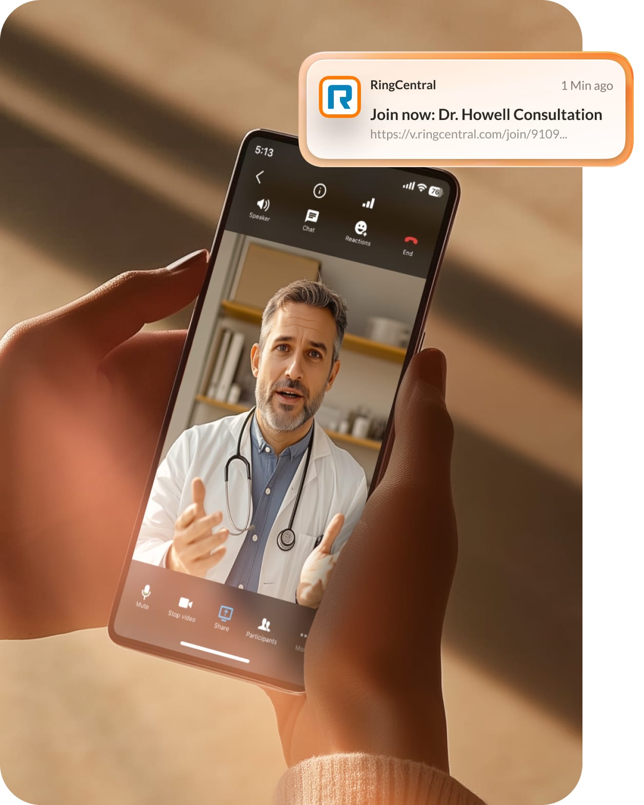 A patient on a video call consultation with ther doctor via RingCentral mobile app