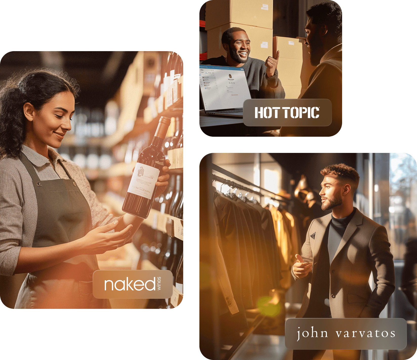 Image 1: A female store employee examining a wine label. Image; 2: Two warehouse employees speaking with RingCentral app open on laptop. Image; 3: A male store employee standing next to a rack of coats.