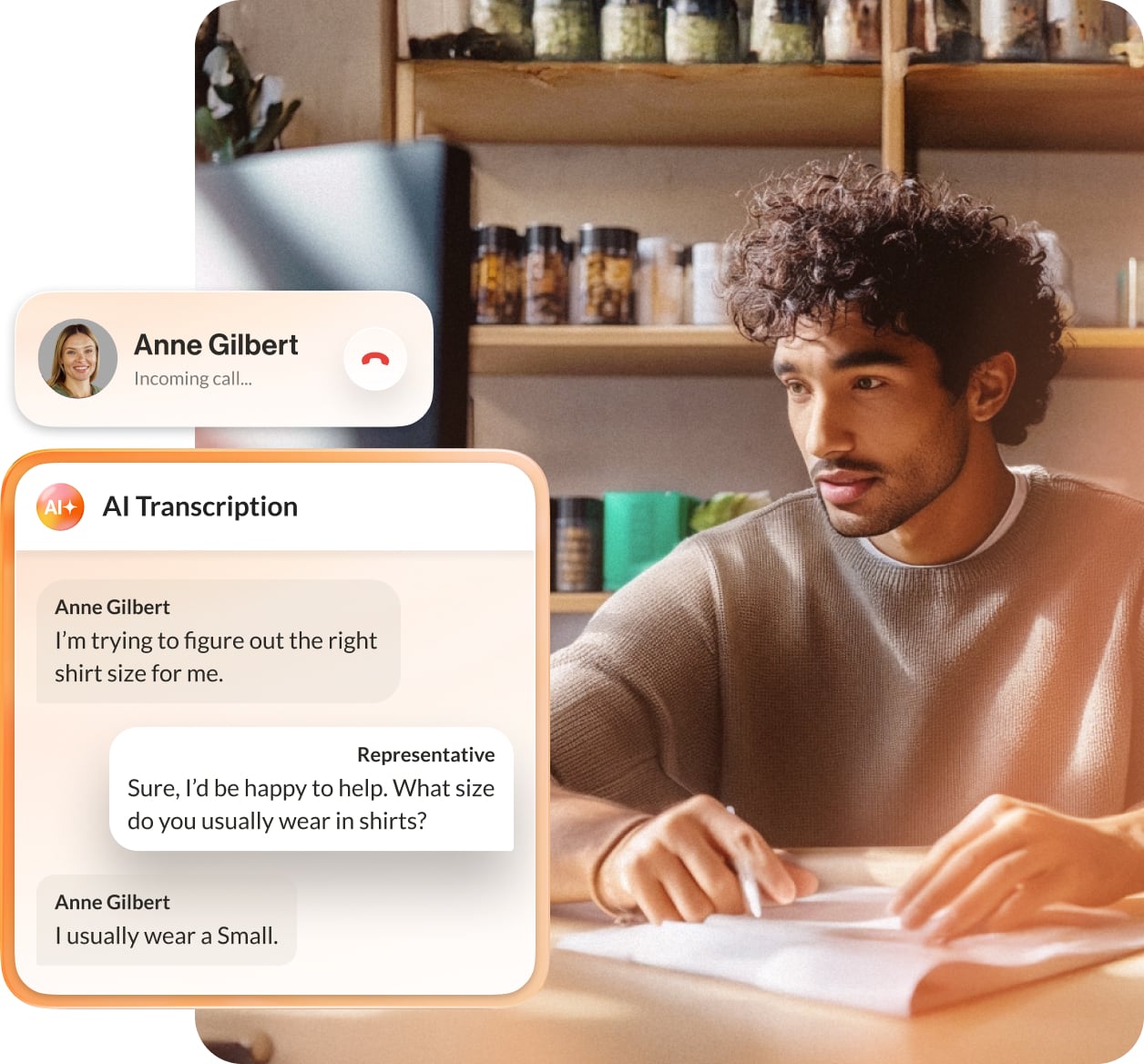 Male help desk agent is speaking to a customer with AI Transcription feature enabled