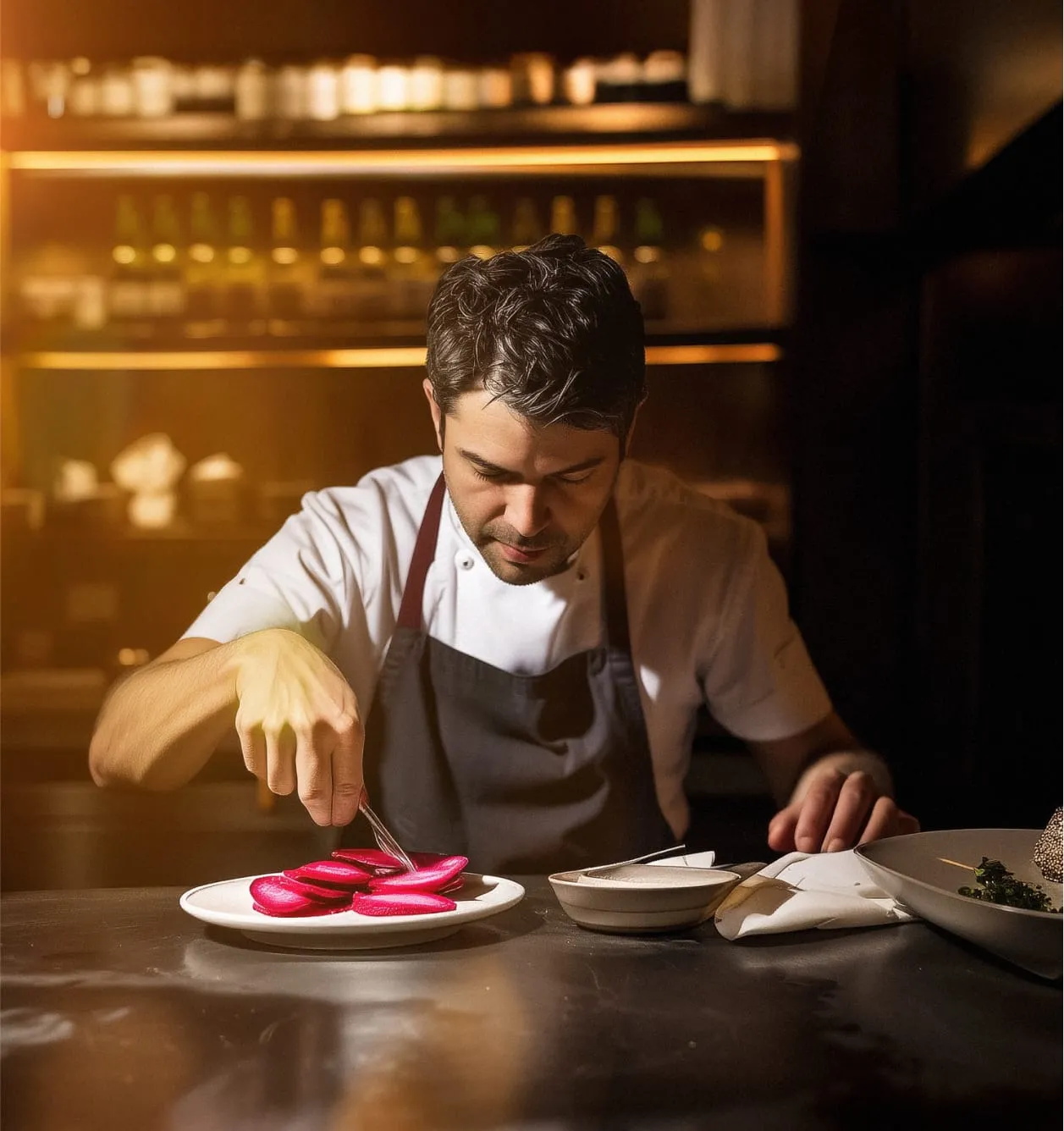 A chef inside a restaurant is carefully placing food on a plate