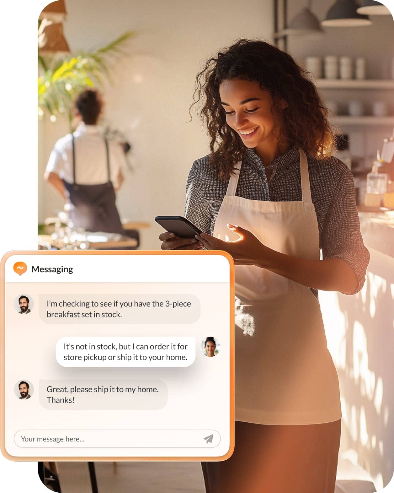 A female store clerk using RingCentral app to message with a customer.