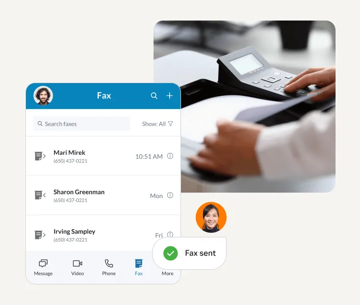 Fax tab within the RingCentral app with an inset of a document being faxed