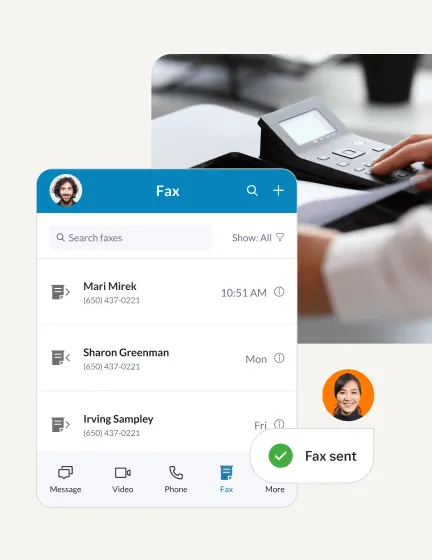 Fax tab within the RingCentral app with an inset of a document being faxed