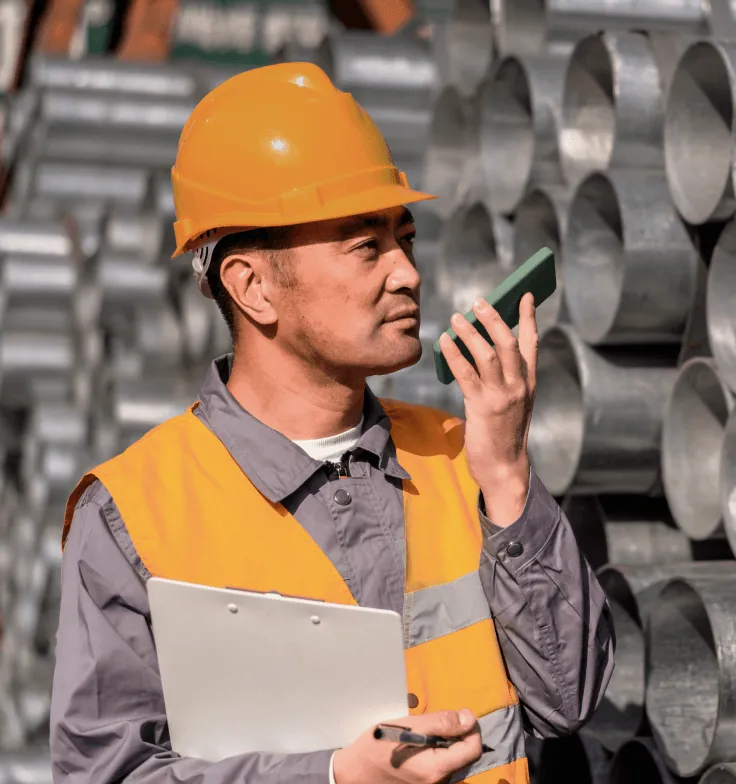 A construction worker using his phone as a walkie-talkie
