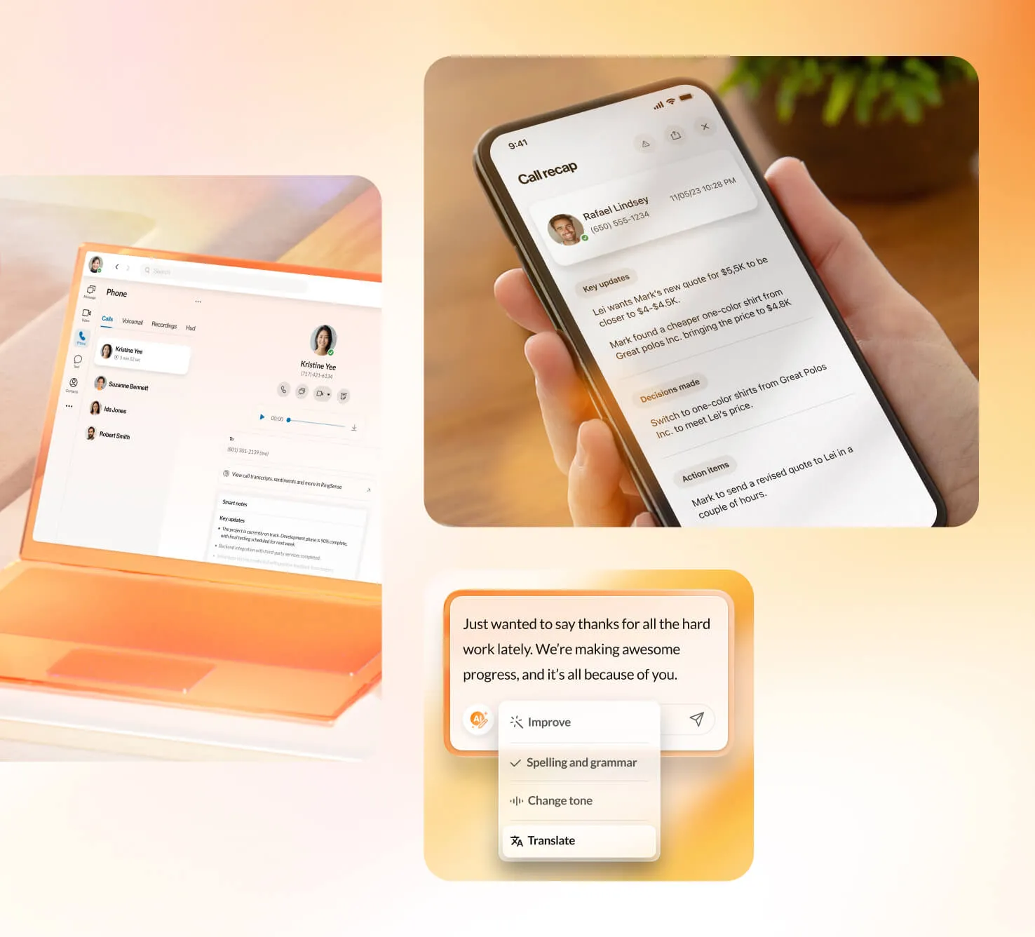 RingEX AI Assistant capabilities including call recap and text translation