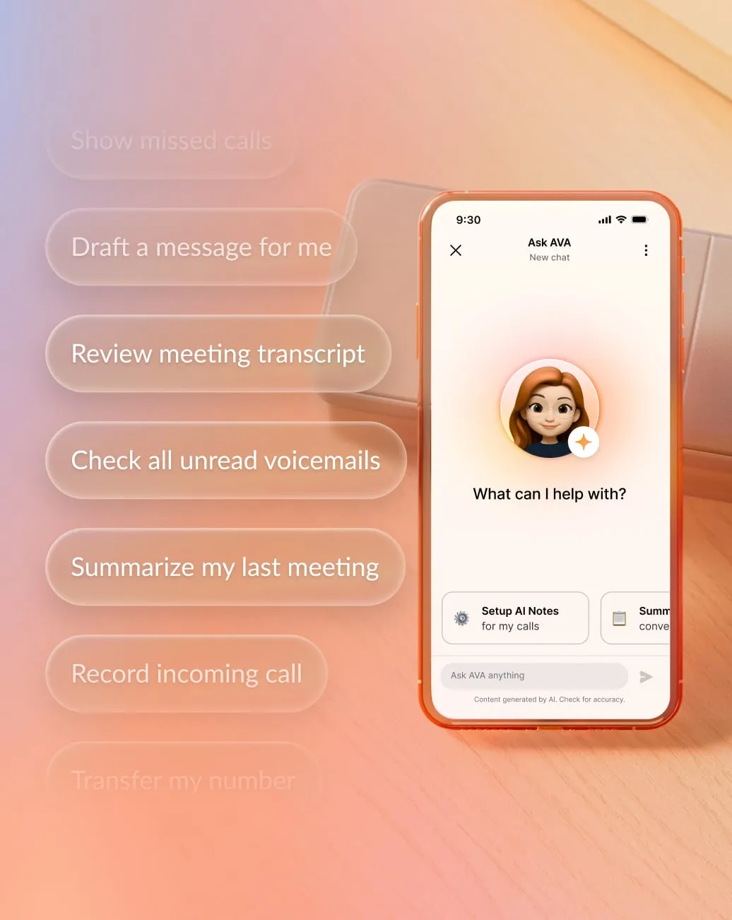 Smartphone screen showing an AI assistant named Ava with options like Review meeting transcript, Record incoming call, Show missed calls, and Check all unread voicemails.