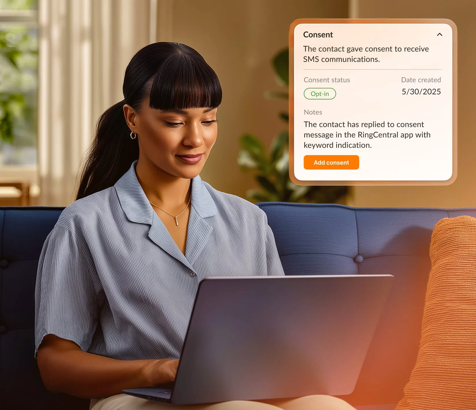 A woman using a laptop with a RingCentral Consent pop-up overlaying the image.