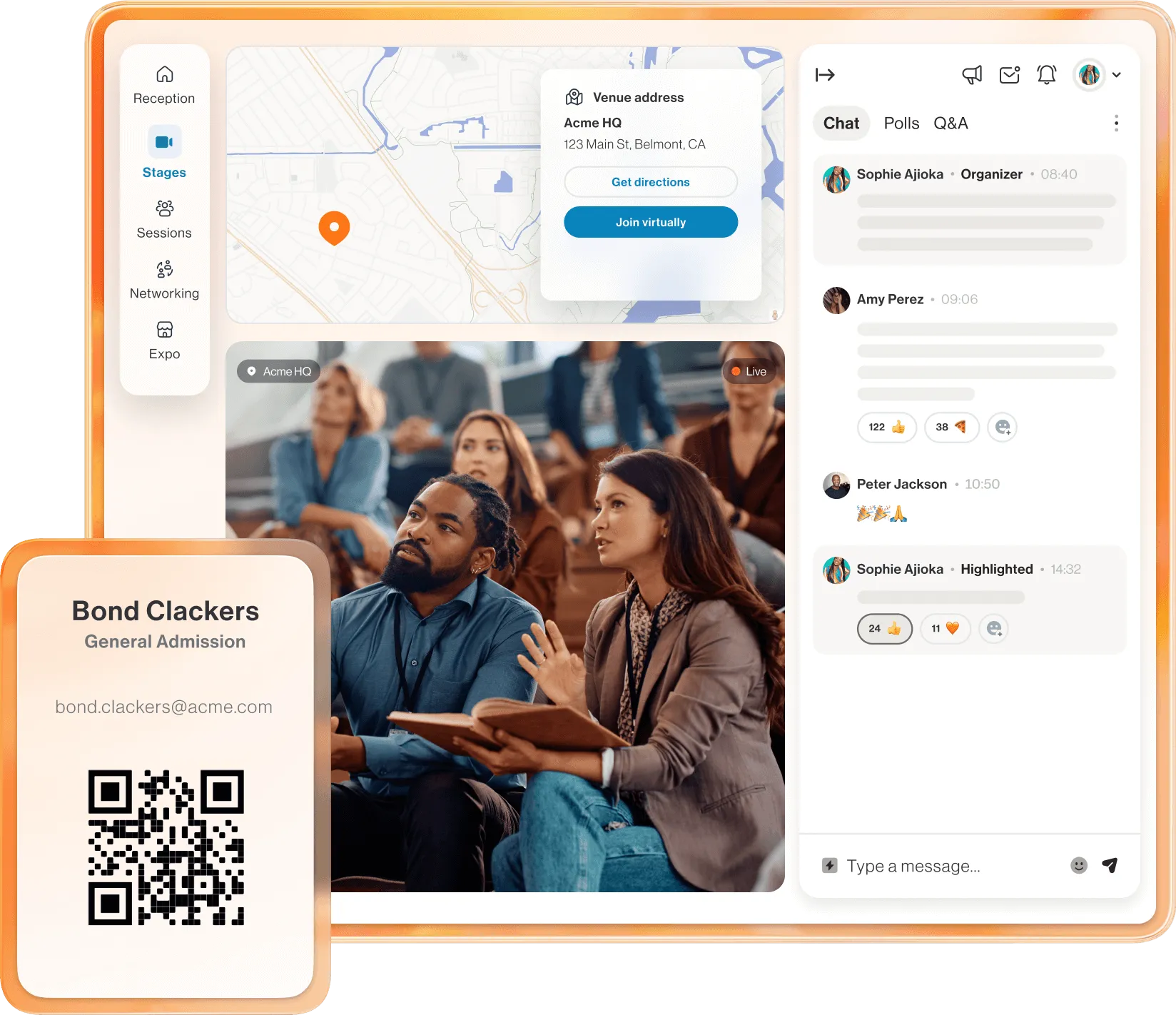An ongoing hybrid virtual event hosted via RingCentral Events with an insert of a QR code ID for an event