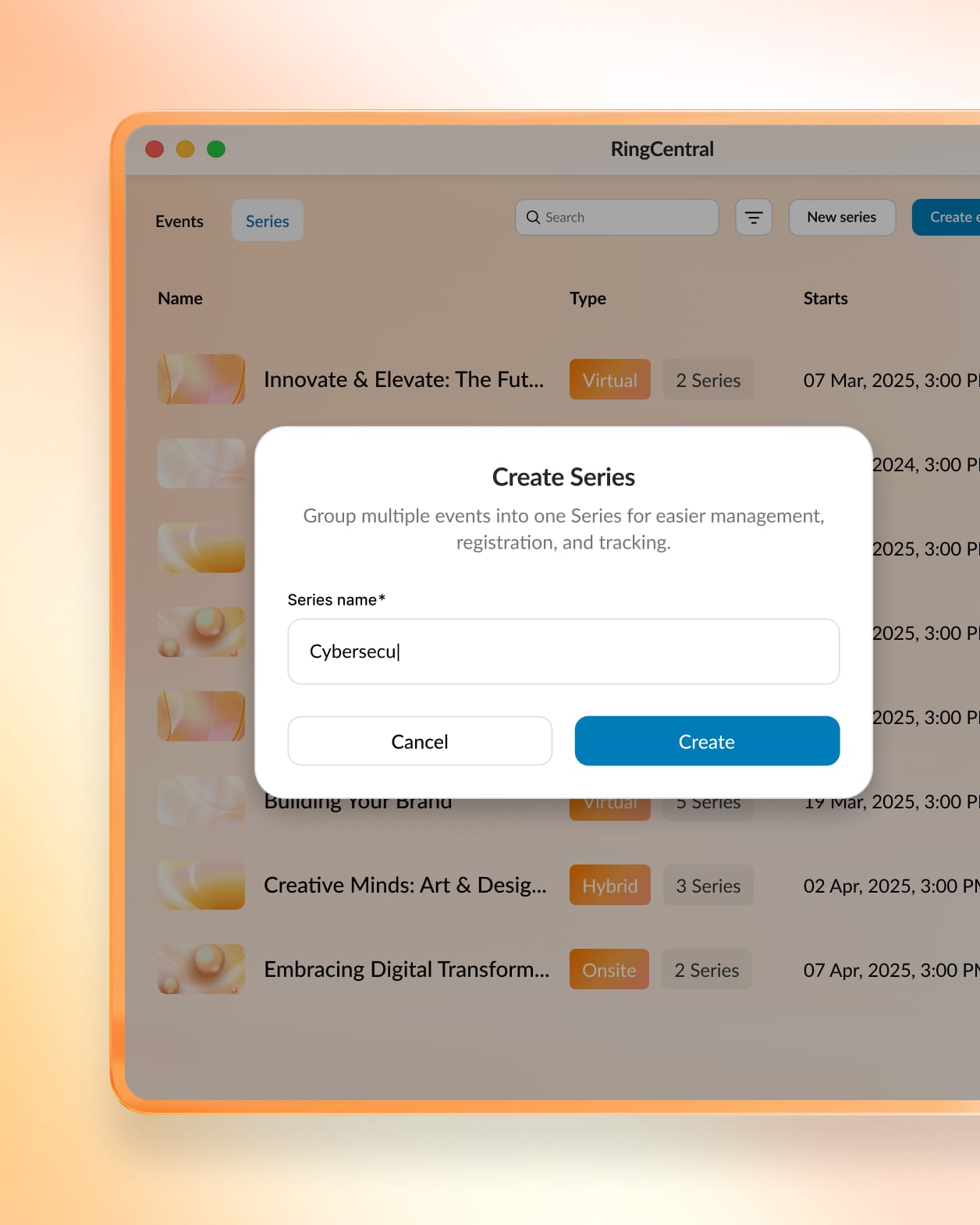 RingCentral platform interface for creating webinar series