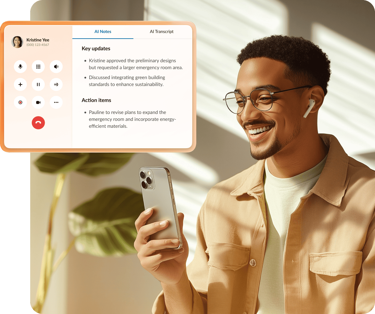 A male remote worker reviewing post-call AI notes on RingCentral mobile app