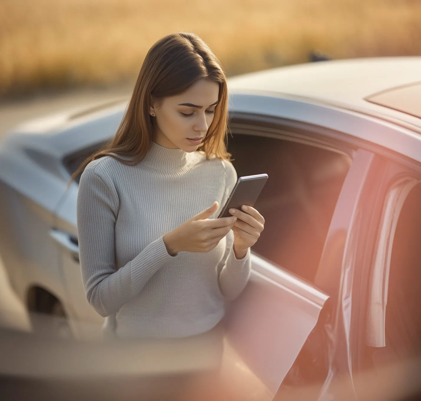 A woman standing next to a car while looking at her mobile phone
