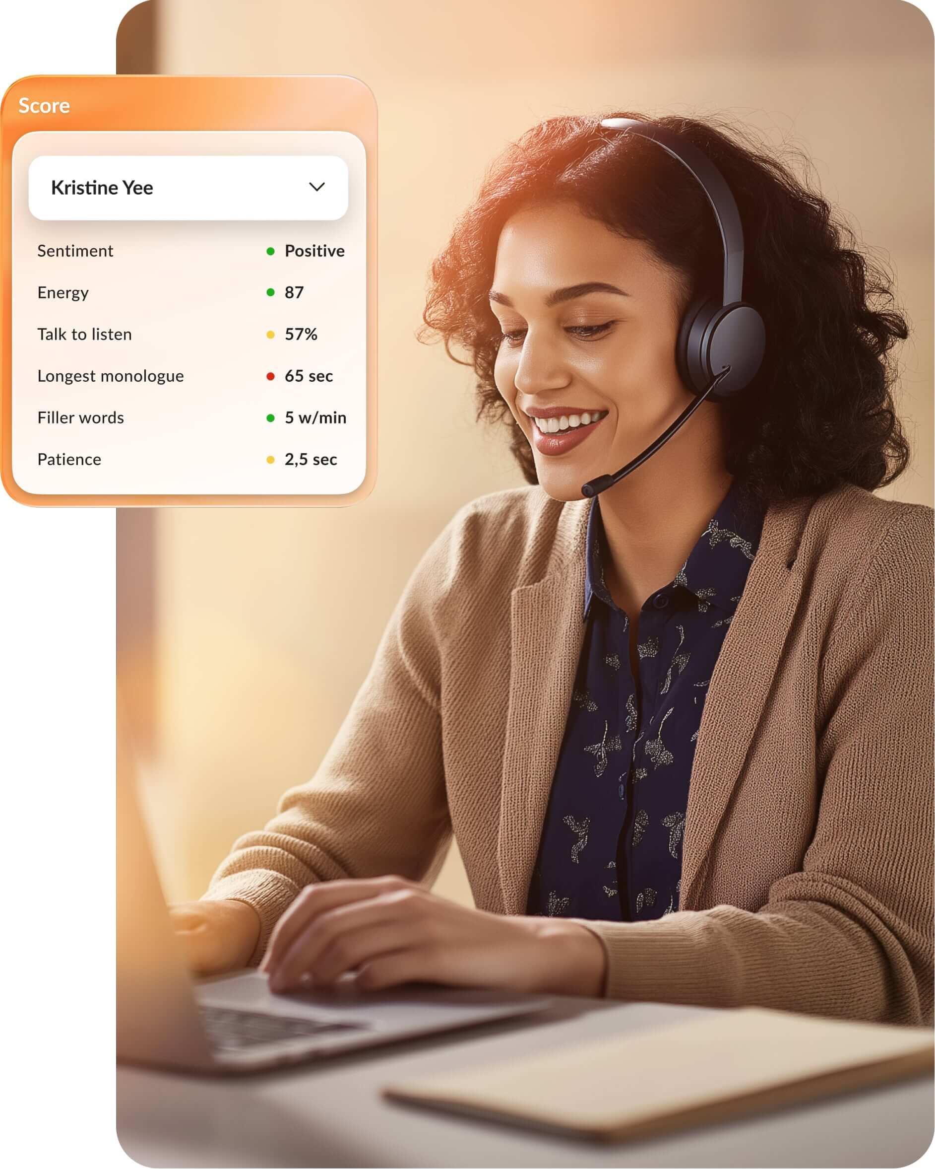 In-office employees reviewing average handle time and first contact resolution statistics in the RingCX app