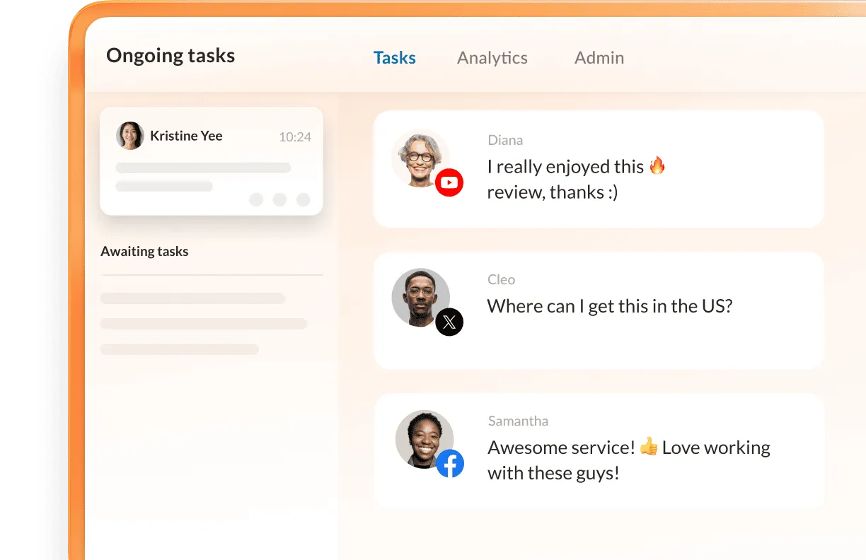 RingCentral RingCX interface showing ongoing tasks across different digital channels (YouTube, Twitter, and Facebook)