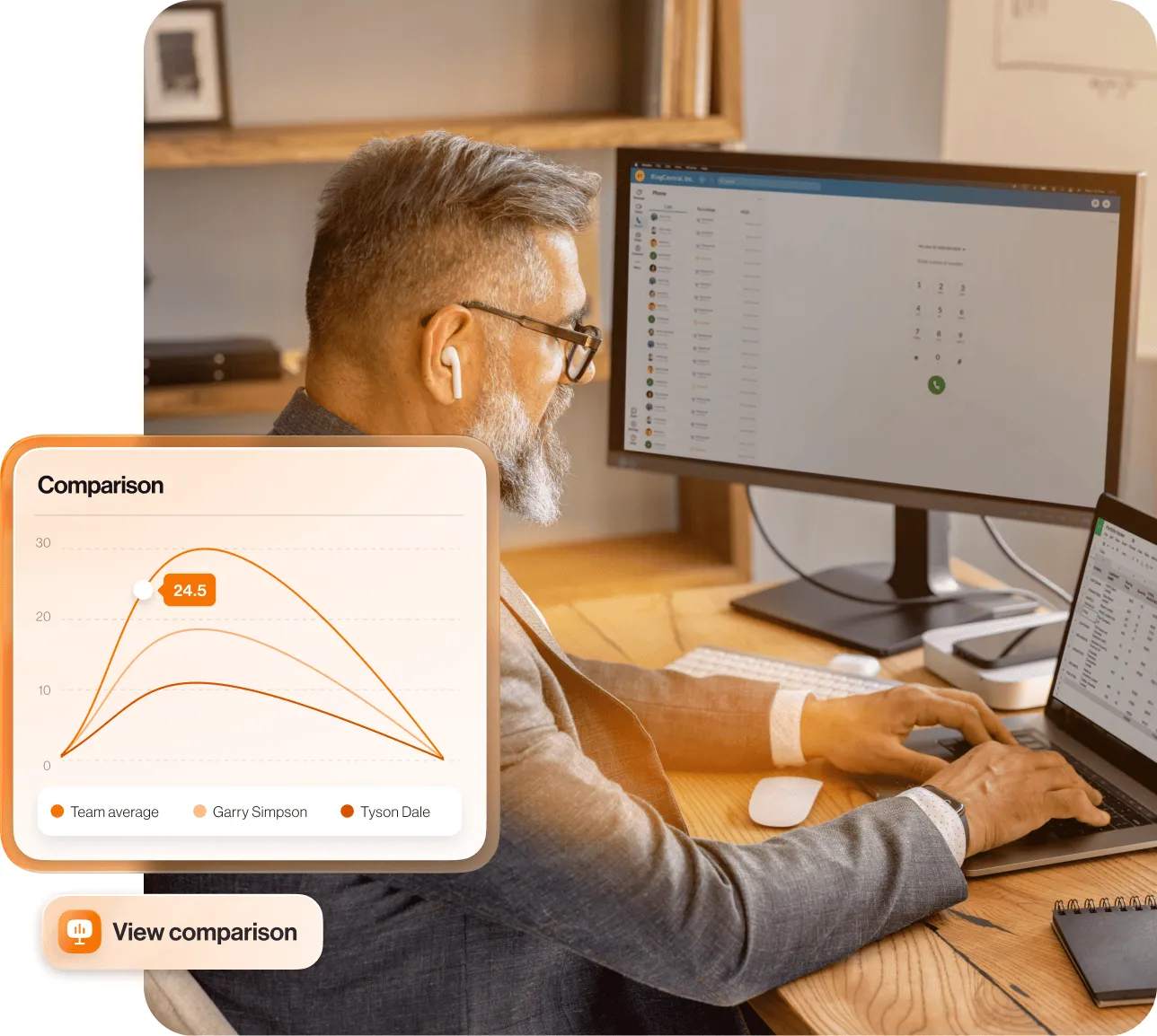 A man typing on his laptop and monitor with an inlay of a comparison graph and the view comparison option