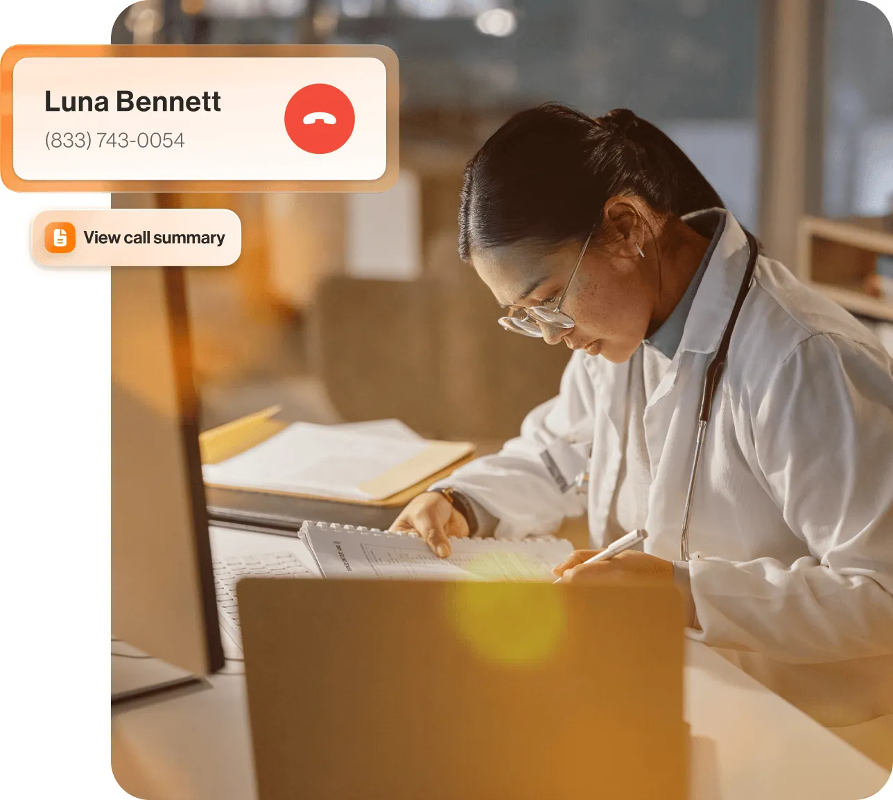 A doctor reading a module with an inlay of an incoming call and the view call summary feature.