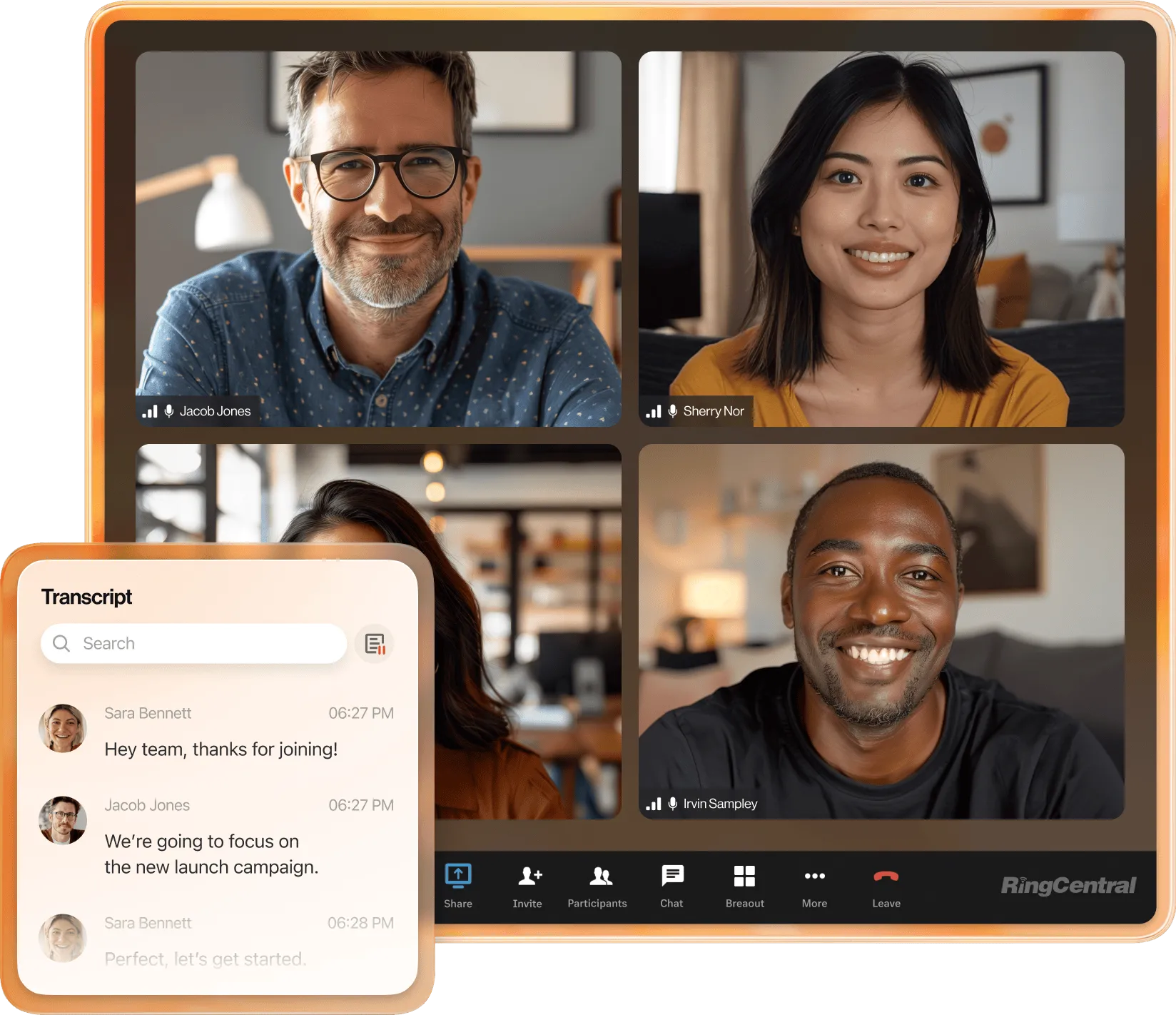 A video conference with an inset of AI-powered meeting transcription