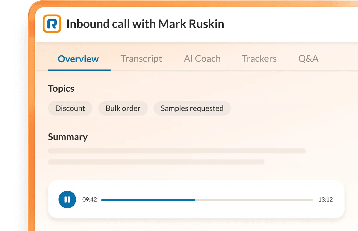 A sample inbound call with RingCentral's AI meeting summary feature enabled