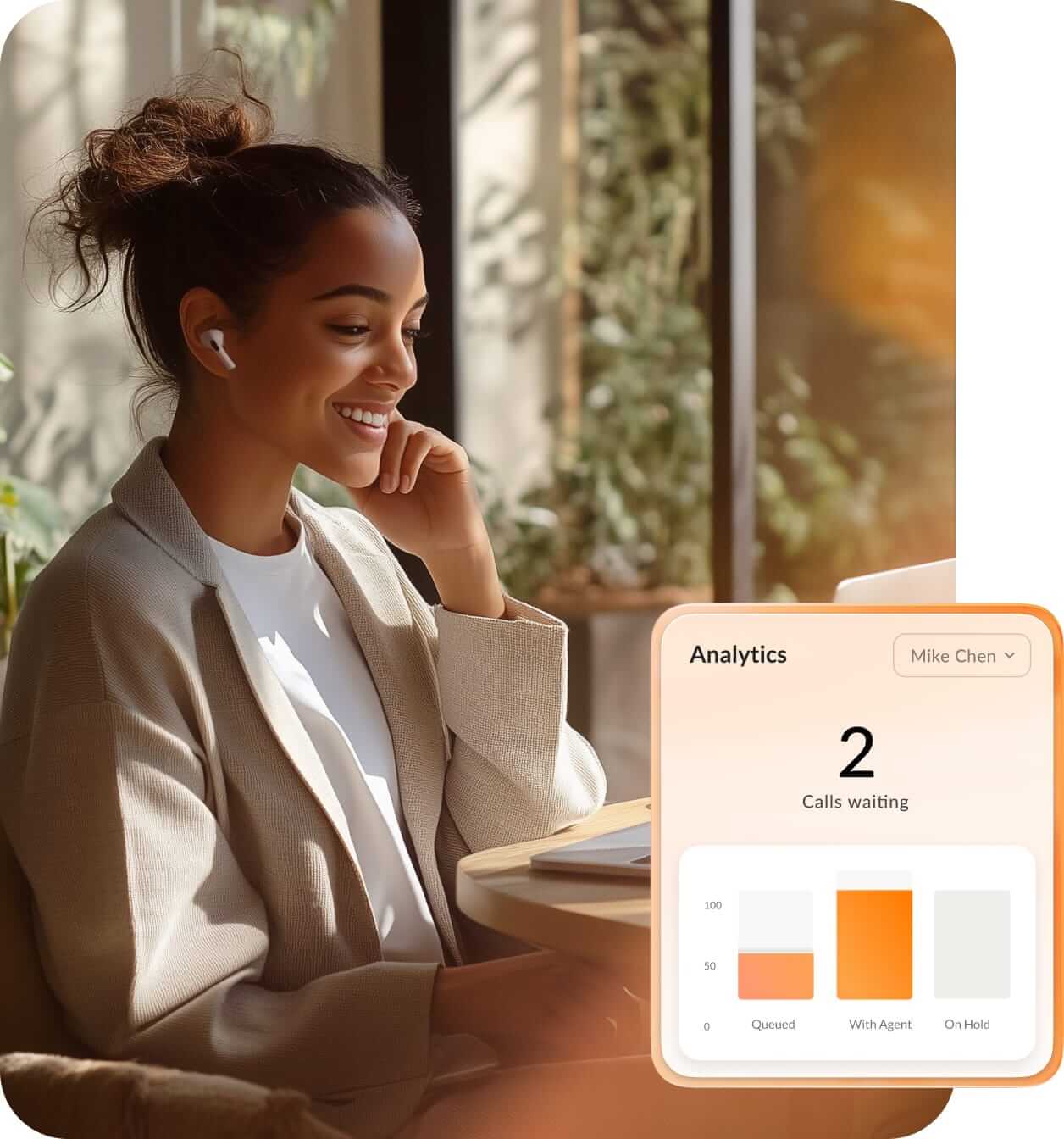 A woman looking at a laptop with an insert of the analytics feature on desktop app