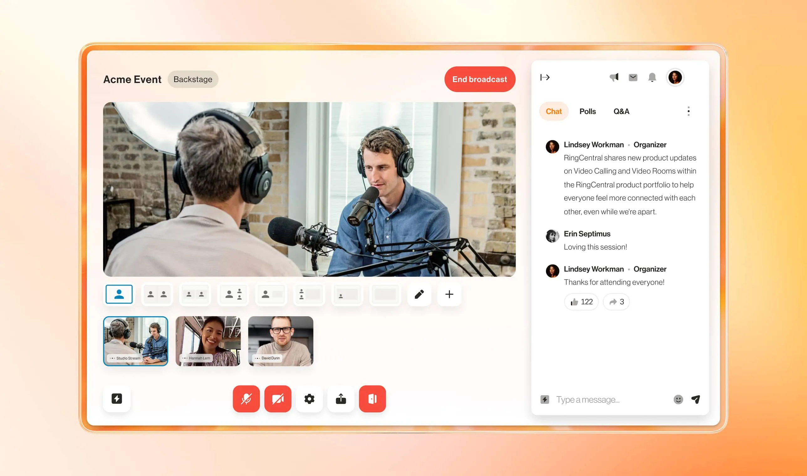 An image showing the backstage of an online event hosted on RingCentral Events platform