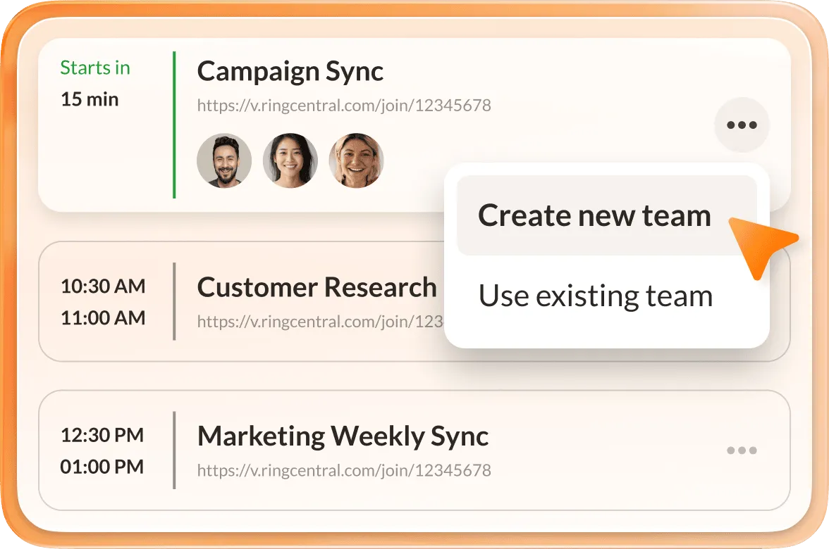 A notification that the campaign sync meeting will start in 15 minutes with option to create new team or use existing team