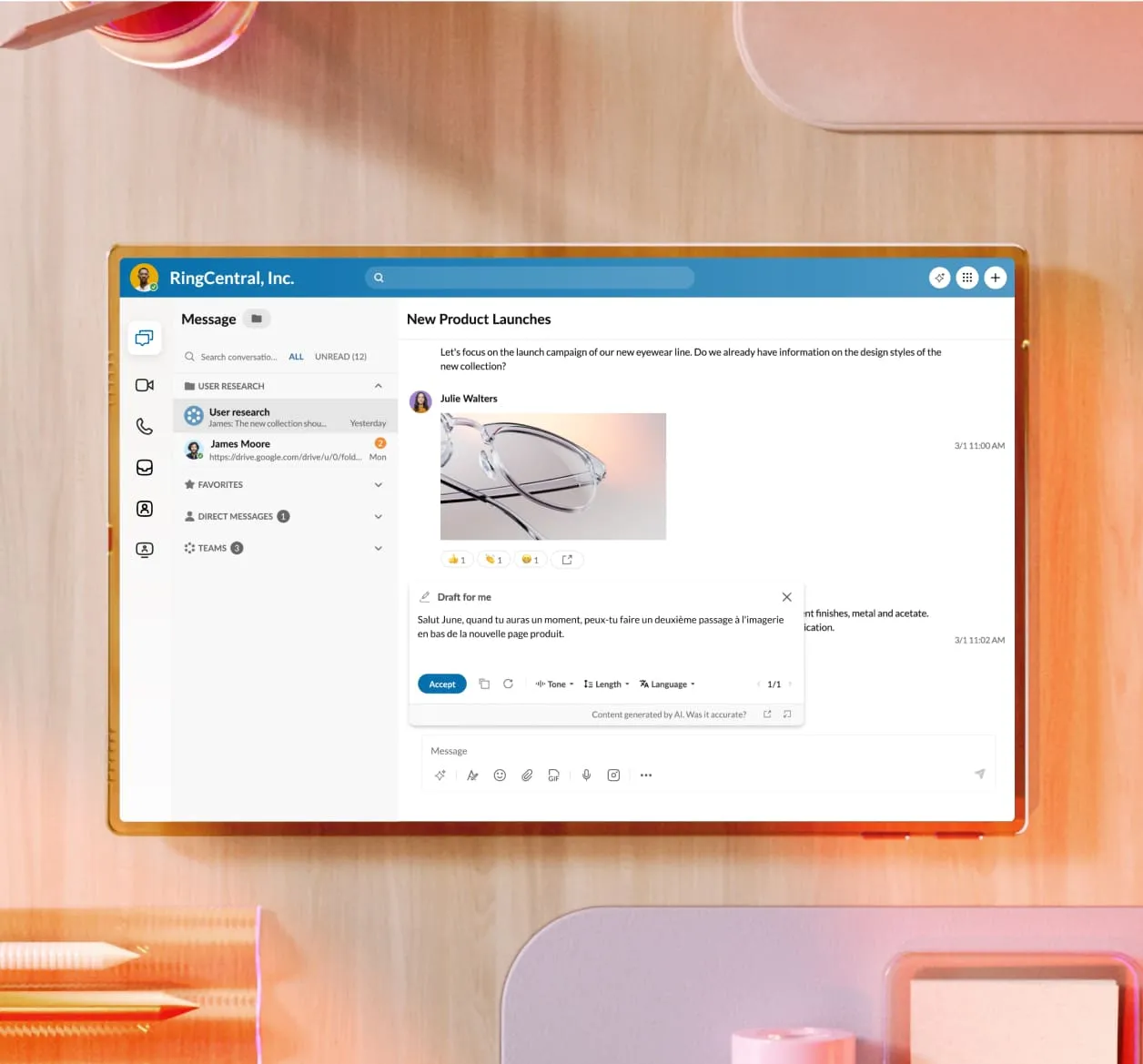 Group Messaging draft generated feature on the RingCentral app, displayed on mobile and laptop