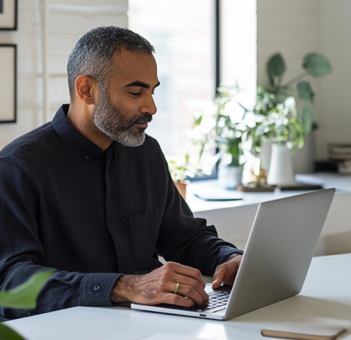 A man on a laptop using RingCentral AI Assistant