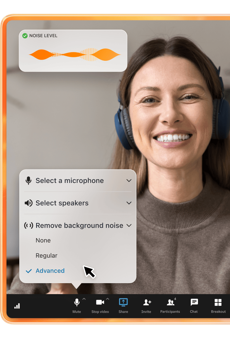 Meeting participant enables advanced background noise removal for clearer audio during a RingCentral Video meeting.