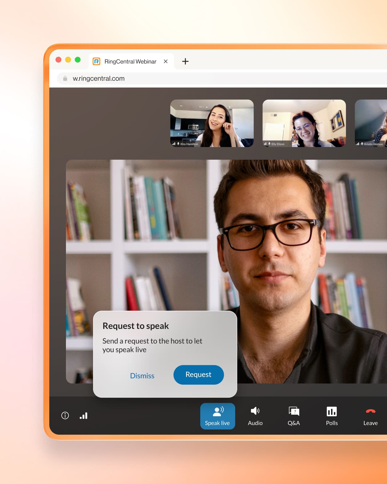 The Request to Speak option on top of the screen showing an ongoing webinar meeting