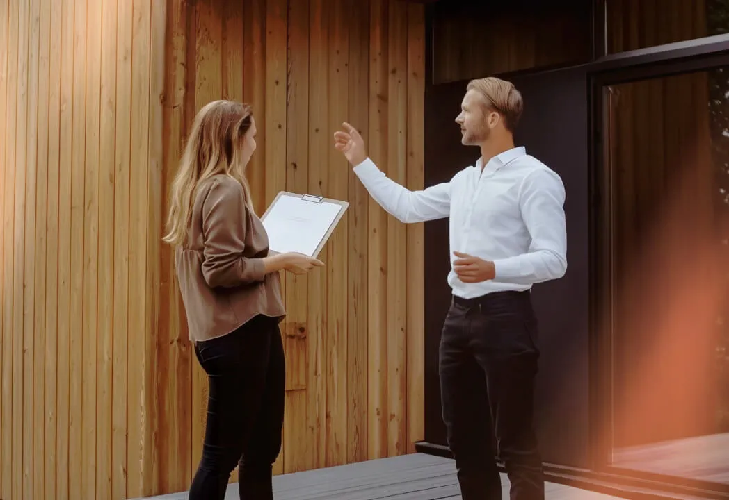 A home buyer speaks to a real estate agent as they look at a home
