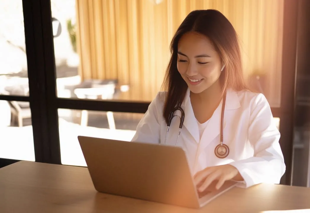 A nurse smiles as she speaks to a patient on a RingCentral call