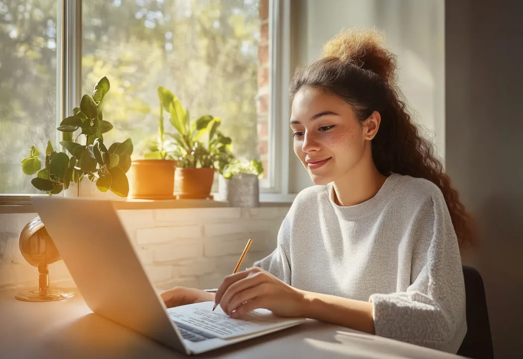 A university student takes notes while attending a virtual class