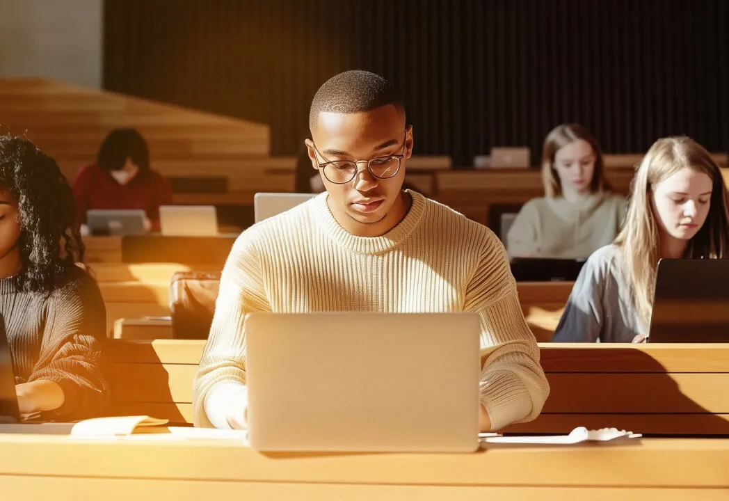 A student is using his laptop seated in a college classroom