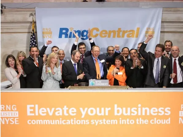 RingCentral CEO Vlad Shmunis and employees celebrating on the New York Stock Exchange